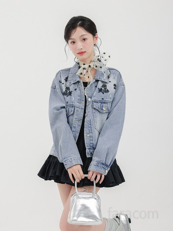 여성 루즈핏 레트로 자수 데님 재킷 오버핏 홍콩 스타일 가을 데일리 청자켓 캐주얼 패션 트렌디한 디자인 편안한 착용감 - 상세 이미지 4