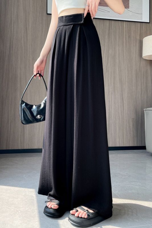 여성 하이웨스트 와이드팬츠 여름용 실크코튼 린넨 소재로 시원한 착용감 드레이프 스타일 캐주얼 팬츠 통바지 데일리룩으로 적합한 루즈핏 - 상세 이미지 5