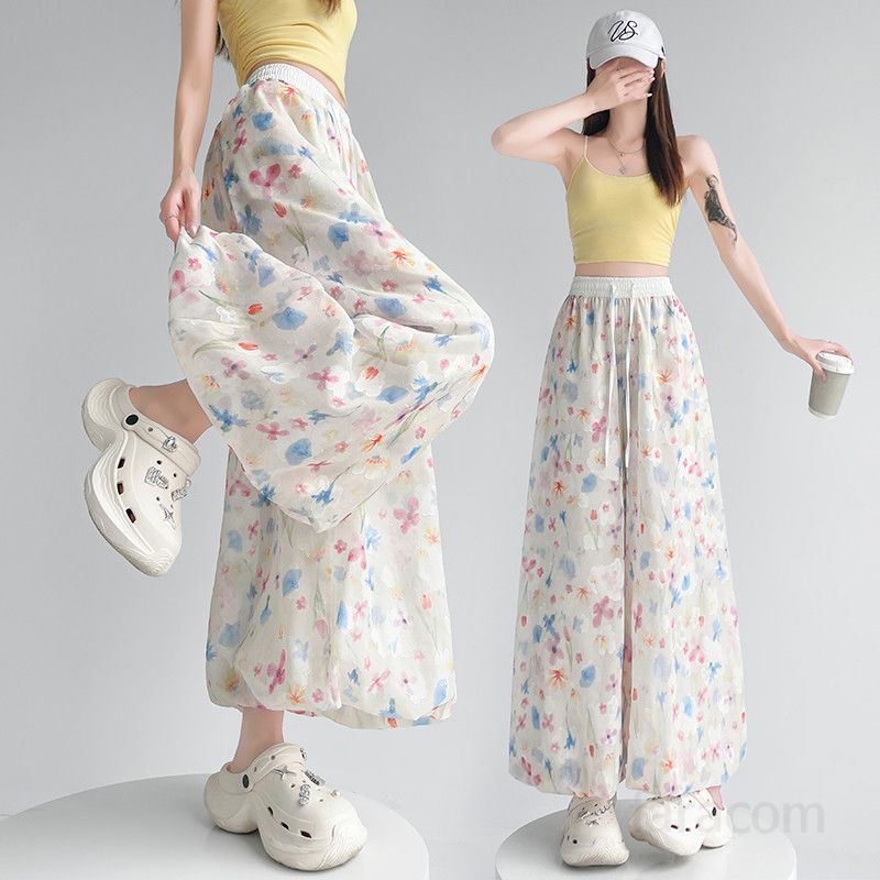 여성 여름 와이드팬츠 아이스실크 소재 컬러풀 꽃봉오리 디자인 하이웨이스트 시원한 착용감 캐주얼 스타일 데일리 외출용 청량감 있는 스트레이트 팬츠 - 상품 이미지