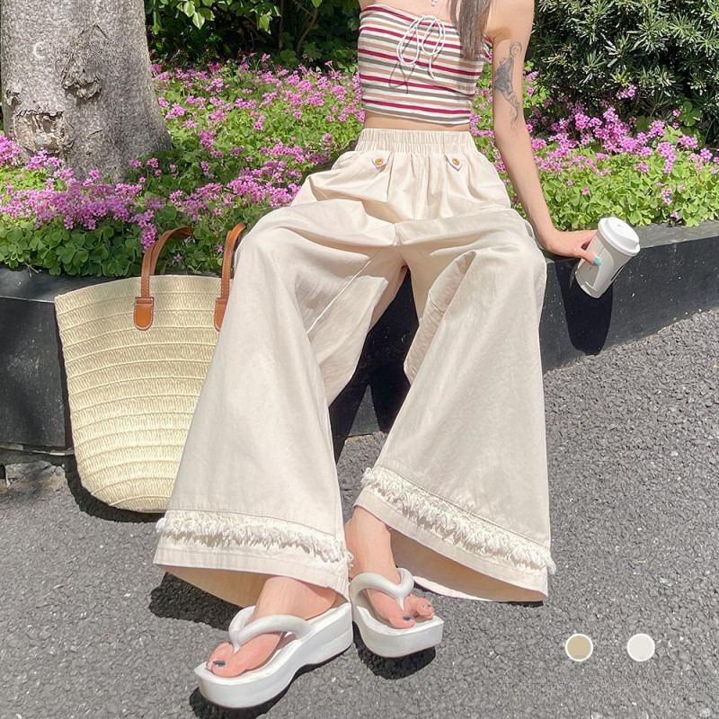 여성 면 와이드팬츠 9부 밴딩 캐주얼 스타일 부드러운 드레이프 여름 통기성 좋은 편안한 외출용 팬츠 - 상세 이미지 2