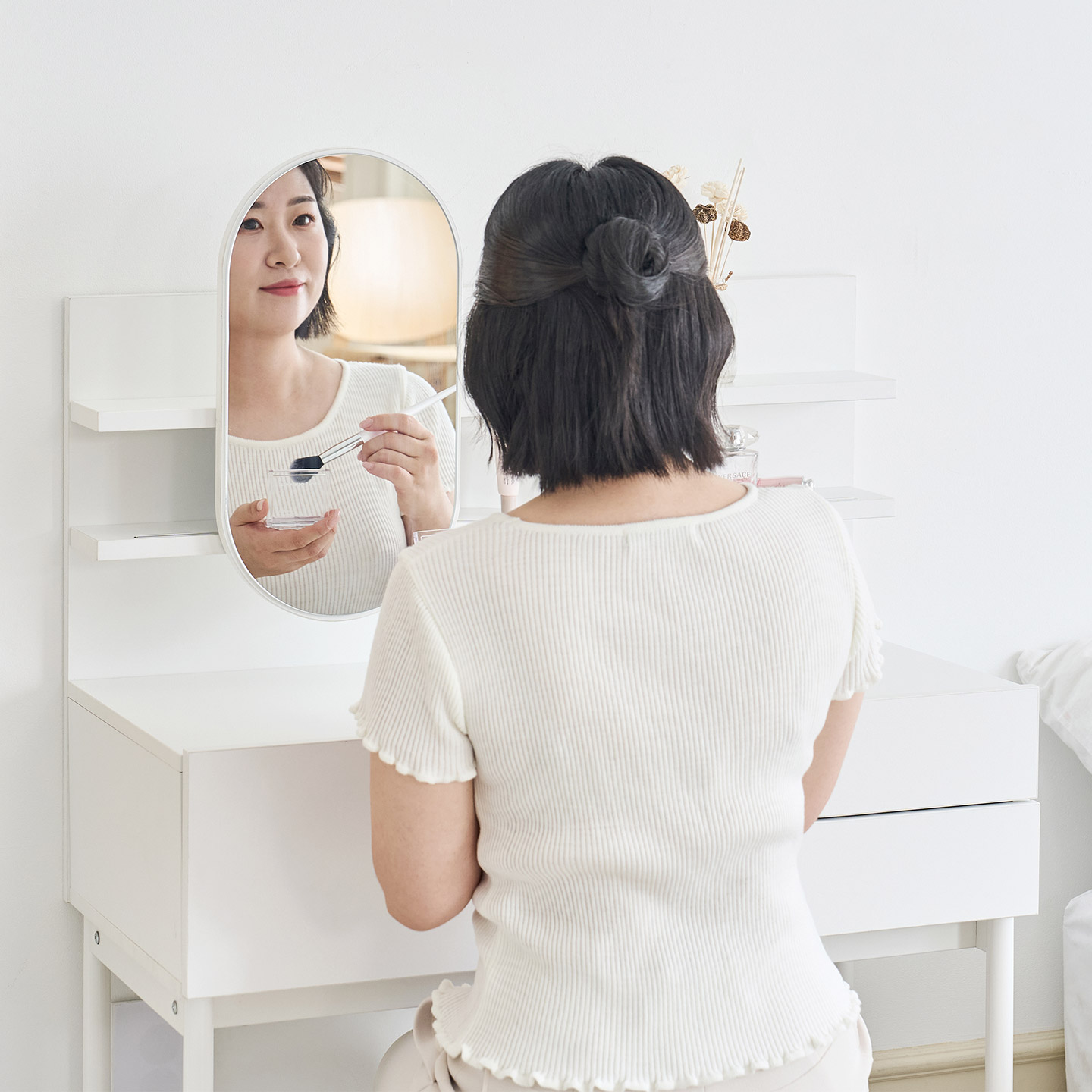 모디카 엘리 슬라이딩 거울 화장대 800 스툴포함 화이트 - 상세 이미지 4