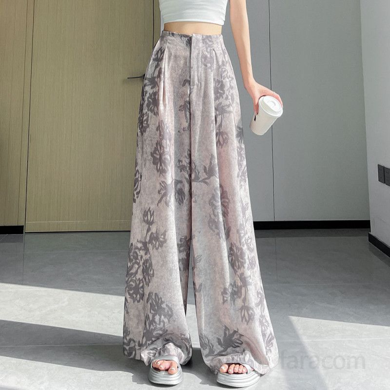 여성용 아이스 실크 코튼 리넨 프린트 와이드 팬츠 여름 하이웨이스트 9부 캐주얼 루즈핏 통바지 시원한 착용감 편안한 스타일 데일리 외출용 - 상세 이미지 2