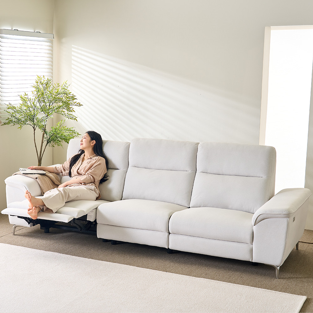 웰퍼니쳐 토스카 전동 리클라이닝 소파 스툴미포함, 아이보리, 4인용