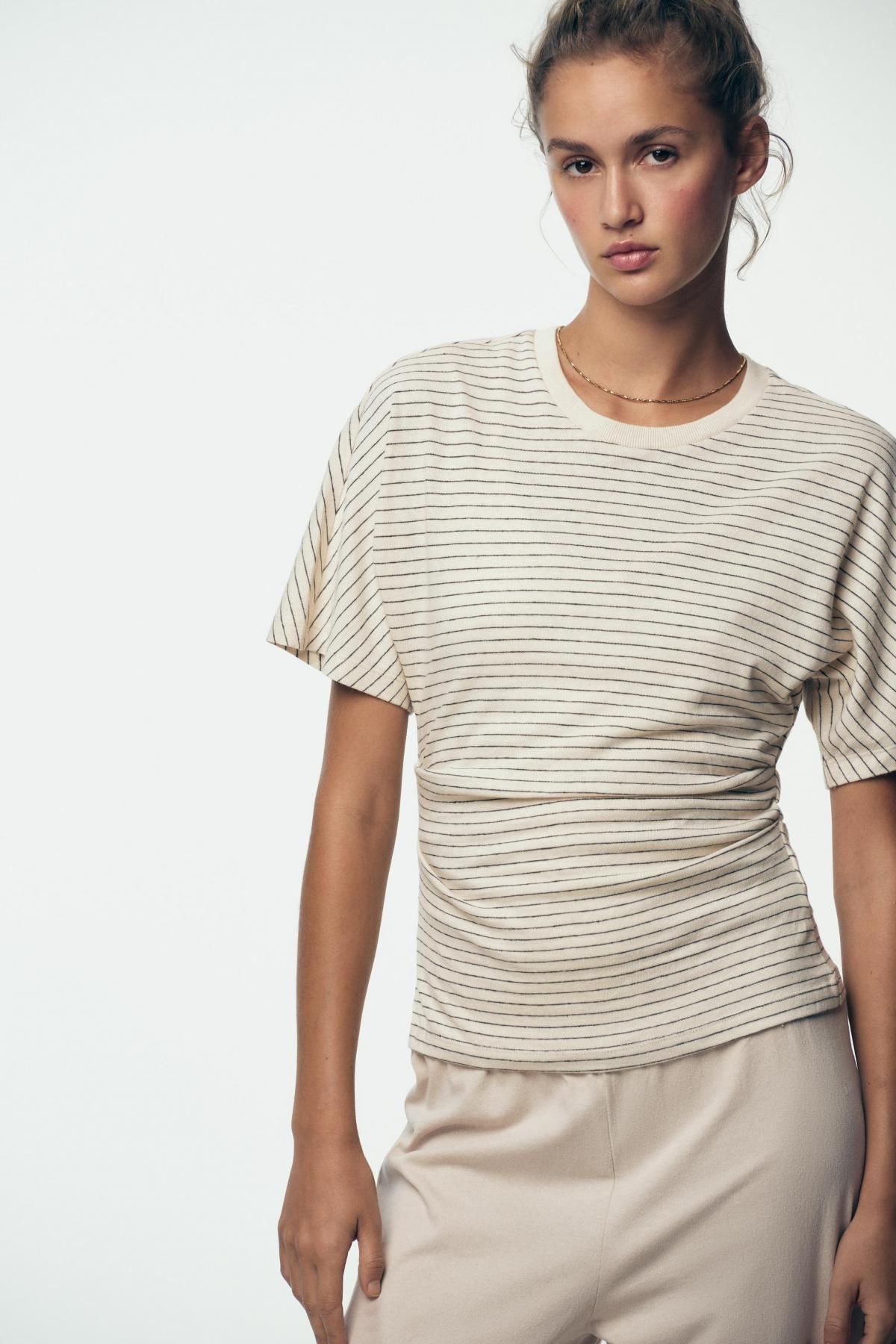 자라 린넨 블렌드 슬림핏 스트라이프 러플 반팔 티셔츠 6912/627 STRIPED - 상세 이미지 3