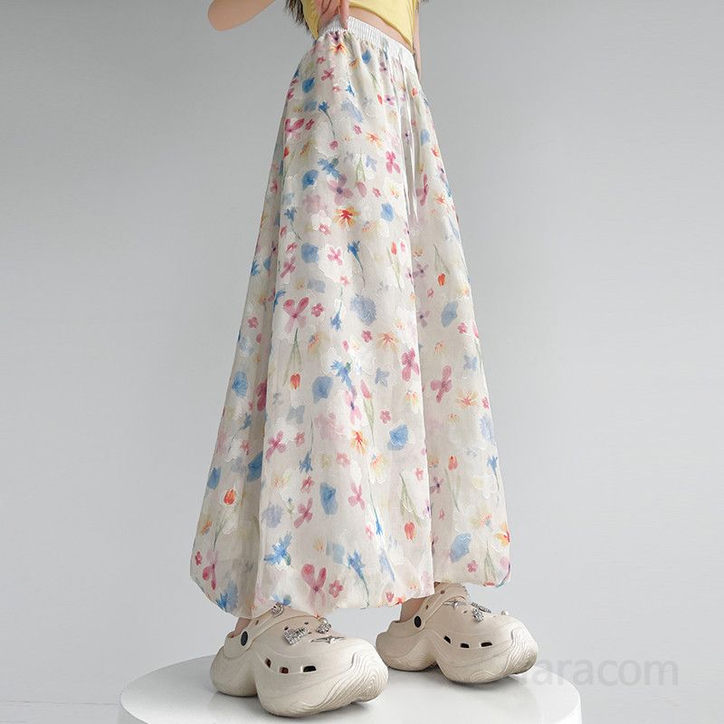 여성 여름 와이드팬츠 아이스실크 소재 컬러풀 꽃봉오리 디자인 하이웨이스트 시원한 착용감 캐주얼 스타일 데일리 외출용 청량감 있는 스트레이트 팬츠 - 상세 이미지 3