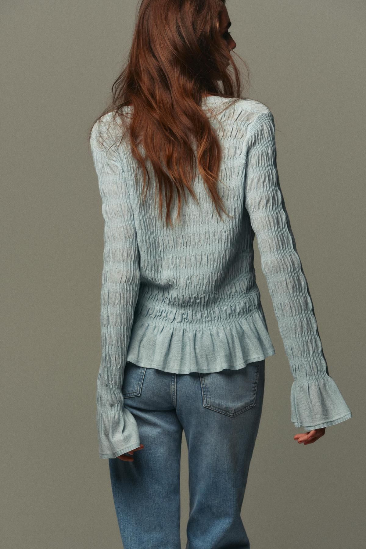 자라 프릴 브이넥 니트 가디건 0014/104 LIGHT BLUE - 상세 이미지 5