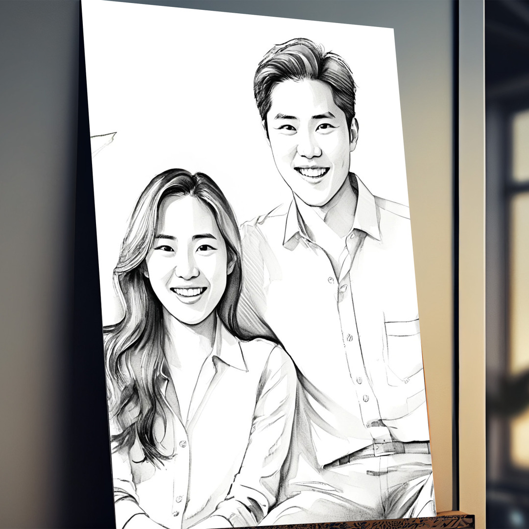 연필스케치 초상화 캐리커쳐 메탈 액자 인물화 스케치 주문제작 커플 기념일 결혼 선물 정M - 상세 이미지 2