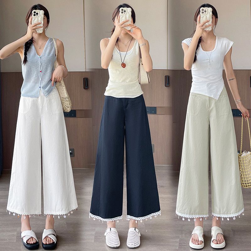 여성 텐셀 하이웨스트 와이드 팬츠 여름용 얇고 시원한 9부 캐주얼 팬츠 통기성 좋은 아이스 실크 소재 데일리룩 편안한 착용감 코튼 팬츠 - 상품 이미지