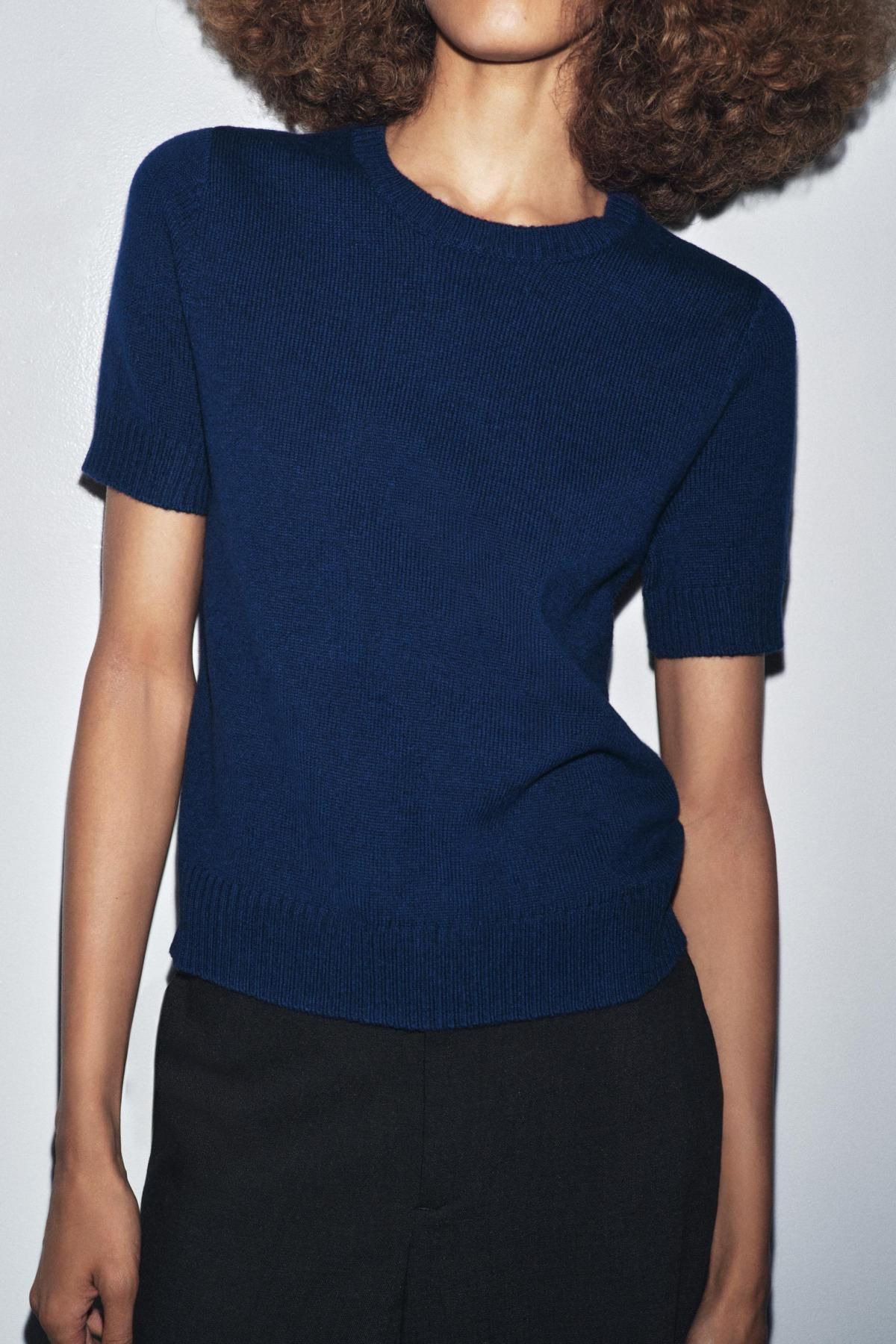 자라 프리미엄 울 라운드넥 반팔 니트 탑 2893/108 BLUE / NAVY - 상세 이미지 3