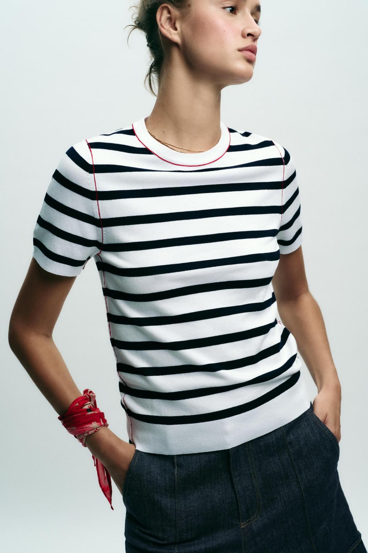 자라 스트라이프 라운드넥 니트 반팔 탑 3471/100 STRIPED - 상세 이미지 3