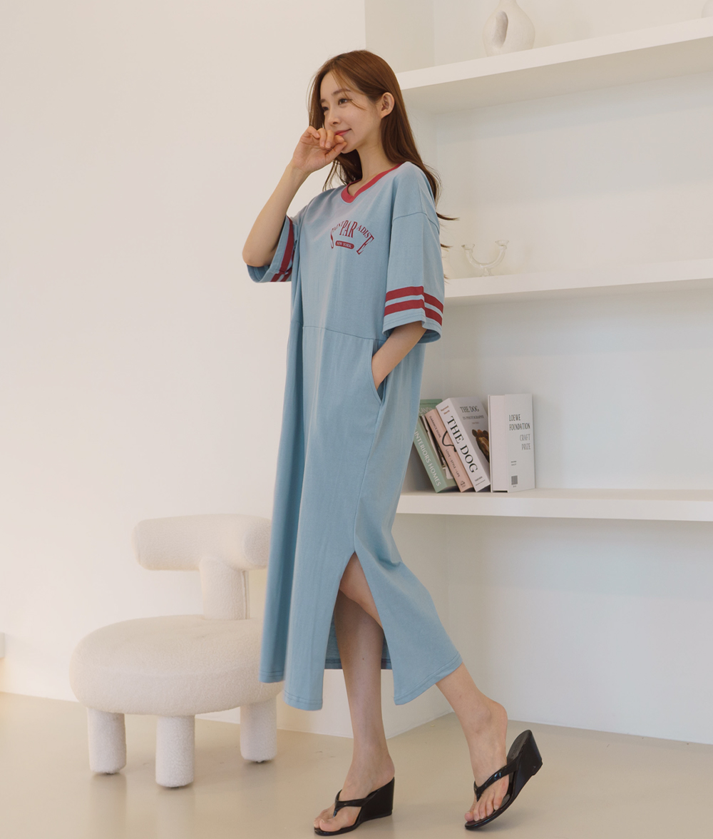 세인트 백프린팅 롱원피스 반팔 면20수 홈웨어 데일리코디 이미지 8