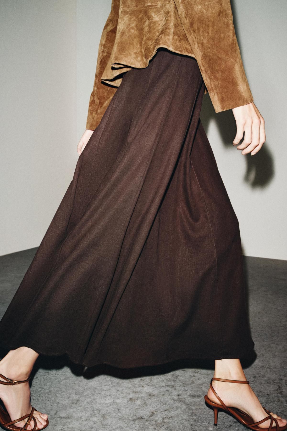 자라 린넨블렌드 플레어 미디 스커트 8713/385 BROWN - 상세 이미지 3