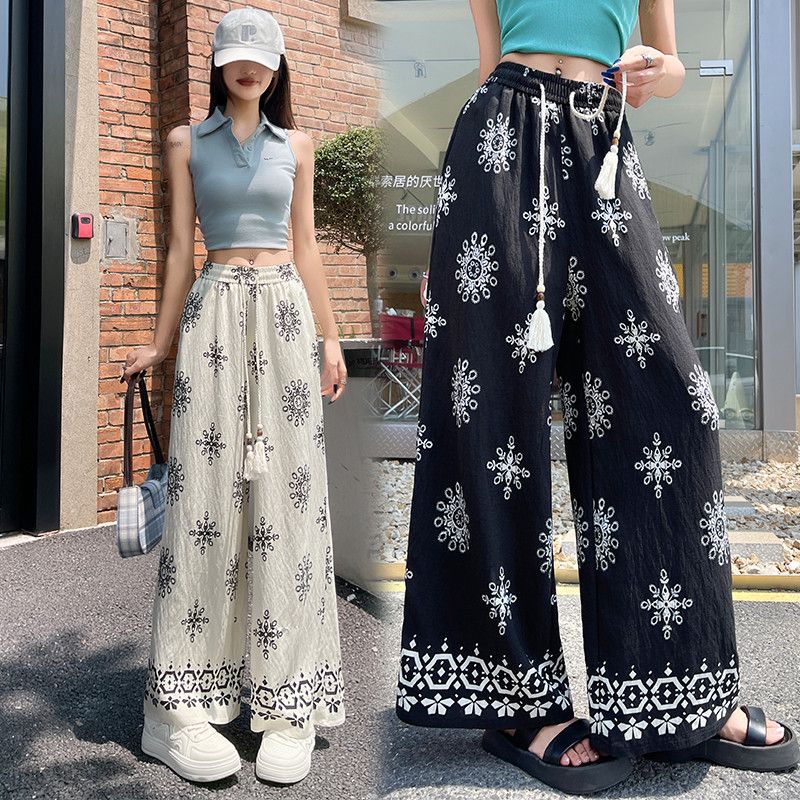 여성용 여름 코튼 린넨 드로스트링 와이드팬츠 9부 통기성 좋은 휴가 스타일 캐주얼 편안한 데일리 외출용 트렌디한 디자인 - 상품 이미지