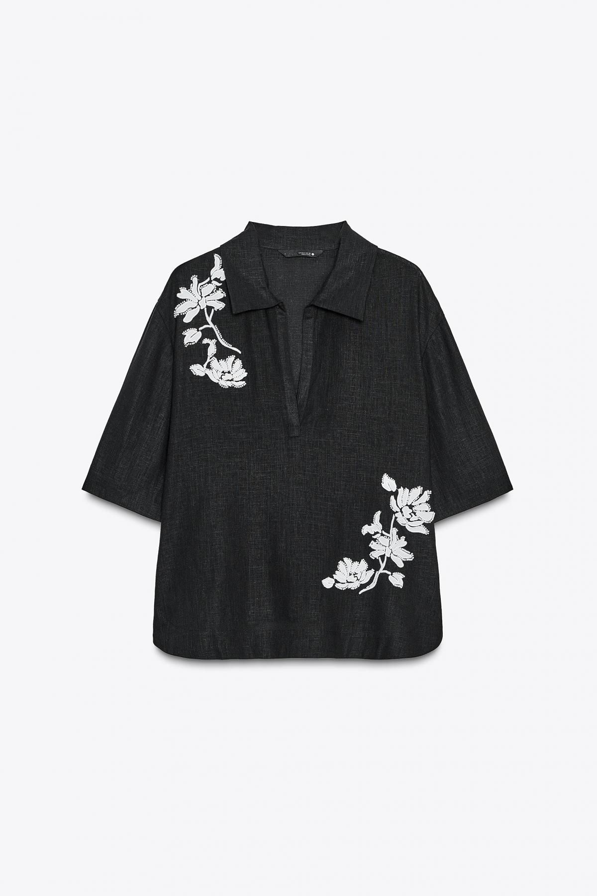 자라 비즈 플라워 자수 반팔 셔츠 4786/238 BLACK / WHITE - 메인 이미지