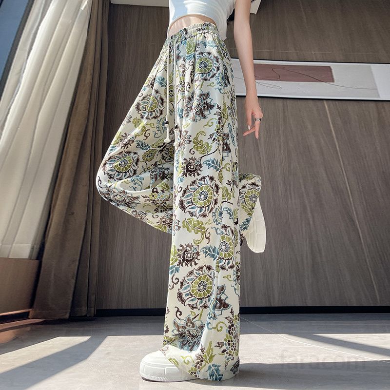 여성용 하이웨스트 아이스 실크 와이드팬츠 여름용 시원한 여름 슬랙스 드레이프 스타일 편안한 착용감 루즈핏 바지 데일리 캐주얼 팬츠 - 상세 이미지 3