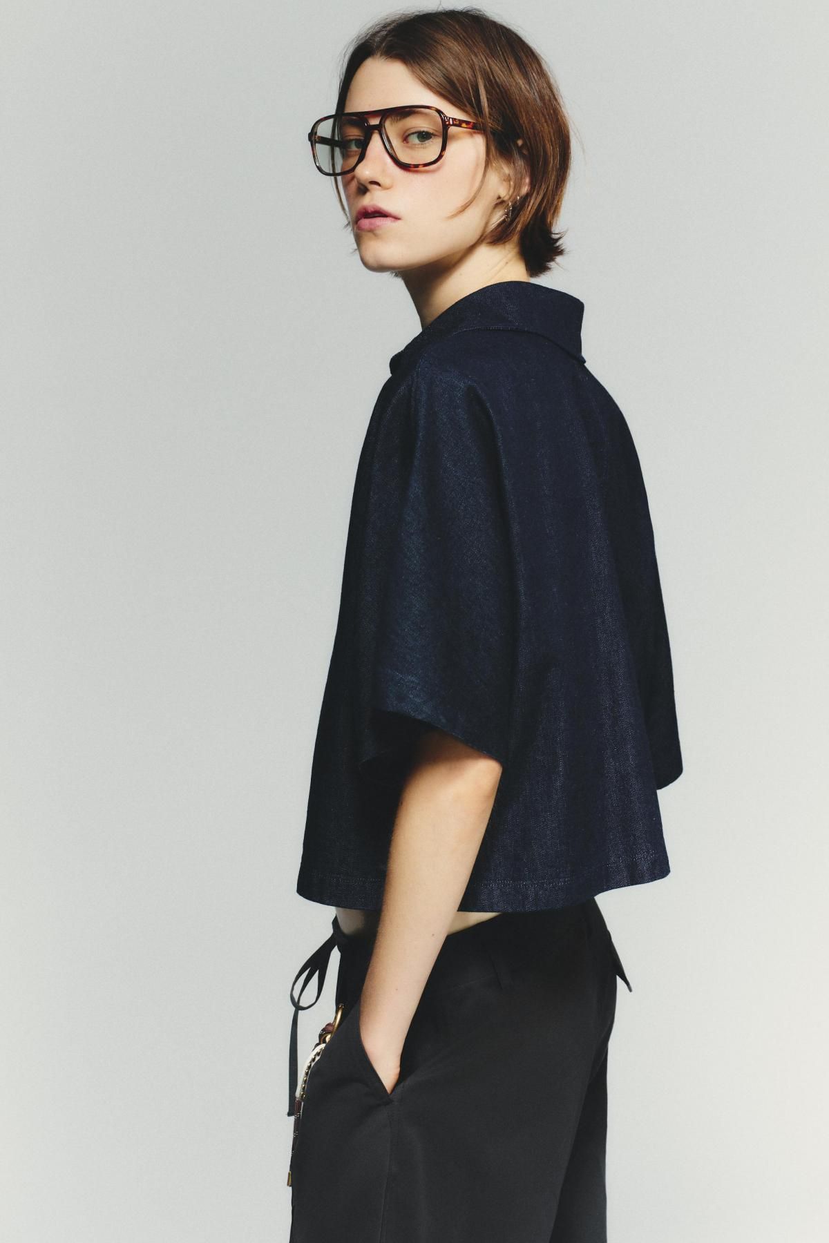자라 브이넥 데님 폴로 칼라 크롭 반팔 셔츠 6929/268 DARK INDIGO - 상세 이미지 5