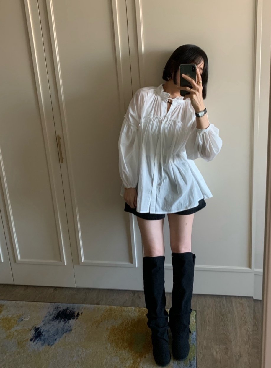 라스트세일 러플 벌룬 프릴 마요 퍼프 셔링 핀턱 블라우스 아방한핏 롱블라우스 하객룩 - 상세 이미지 2