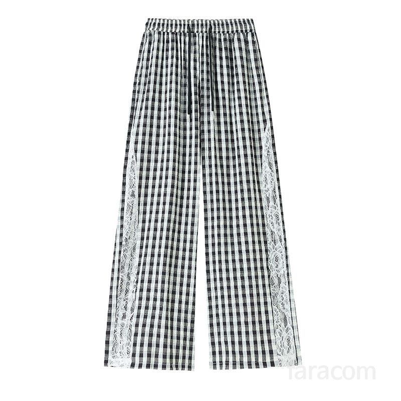 여성 여름 와이드팬츠 아이스 실크 하이웨이스트 캐주얼 플레드 레이스 시원한 착용감 선스크린 기능 모던 스타일 편안한 데일리룩 여행용 팬츠 - 상세 이미지 3