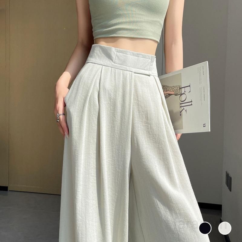 여성 하이웨스트 와이드팬츠 여름용 실크코튼 린넨 소재로 시원한 착용감 드레이프 스타일 캐주얼 팬츠 통바지 데일리룩으로 적합한 루즈핏 - 상세 이미지 2