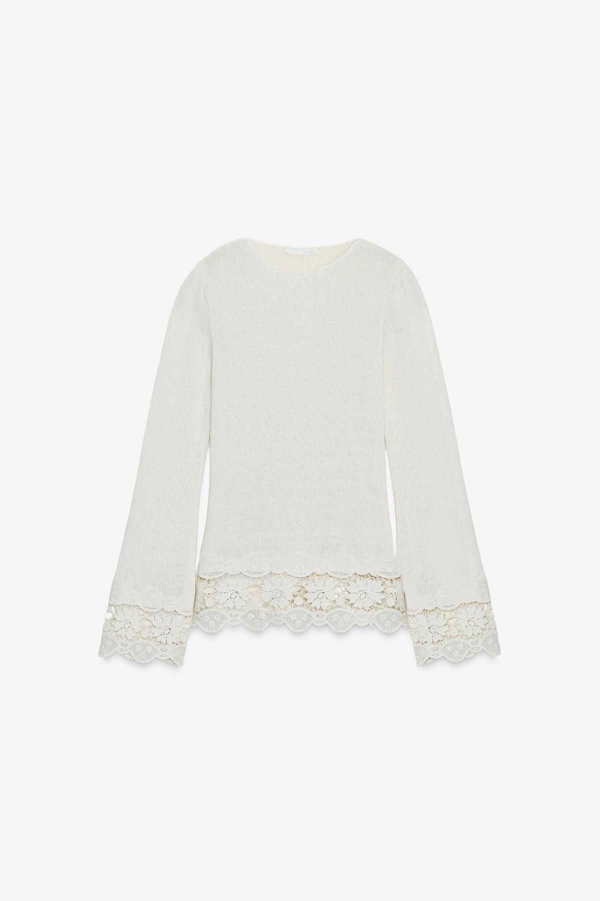 자라 크로셰 레이스 배색 긴팔 티셔츠 1165/447 ECRU - 메인 이미지