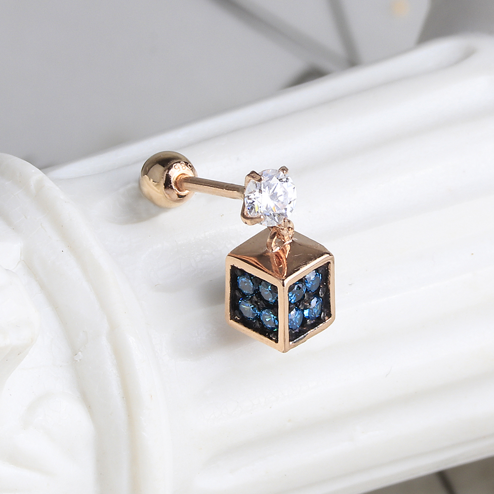 14k 18k 청 큐빅 피어싱 블랙 도금 사각 드롭 딸랑이 볼 피어싱 귀걸이 - 상세 이미지 2