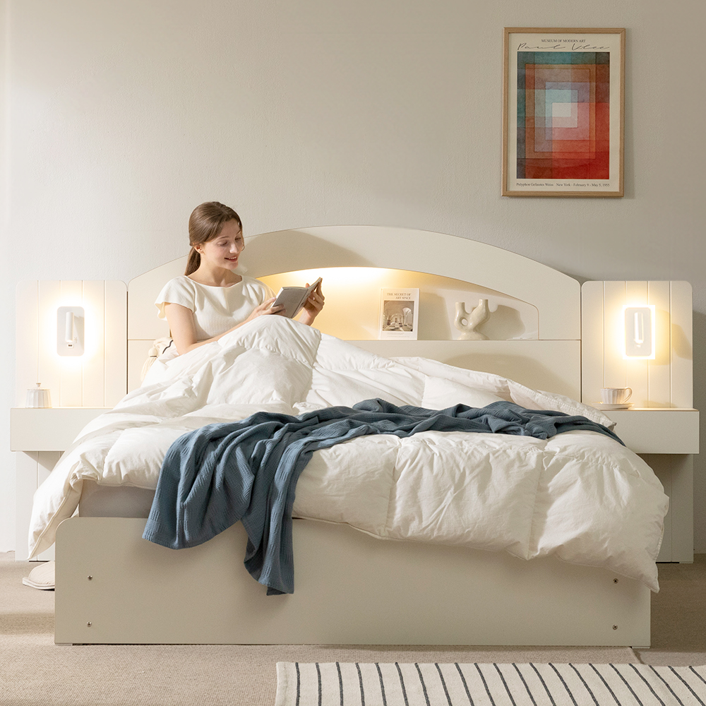 무디켄 리뉴 LED 선반헤드 수납 서랍 침대 프레임 (+방수커버) 원형, Q 서랍형, 아이보리+우드엣지