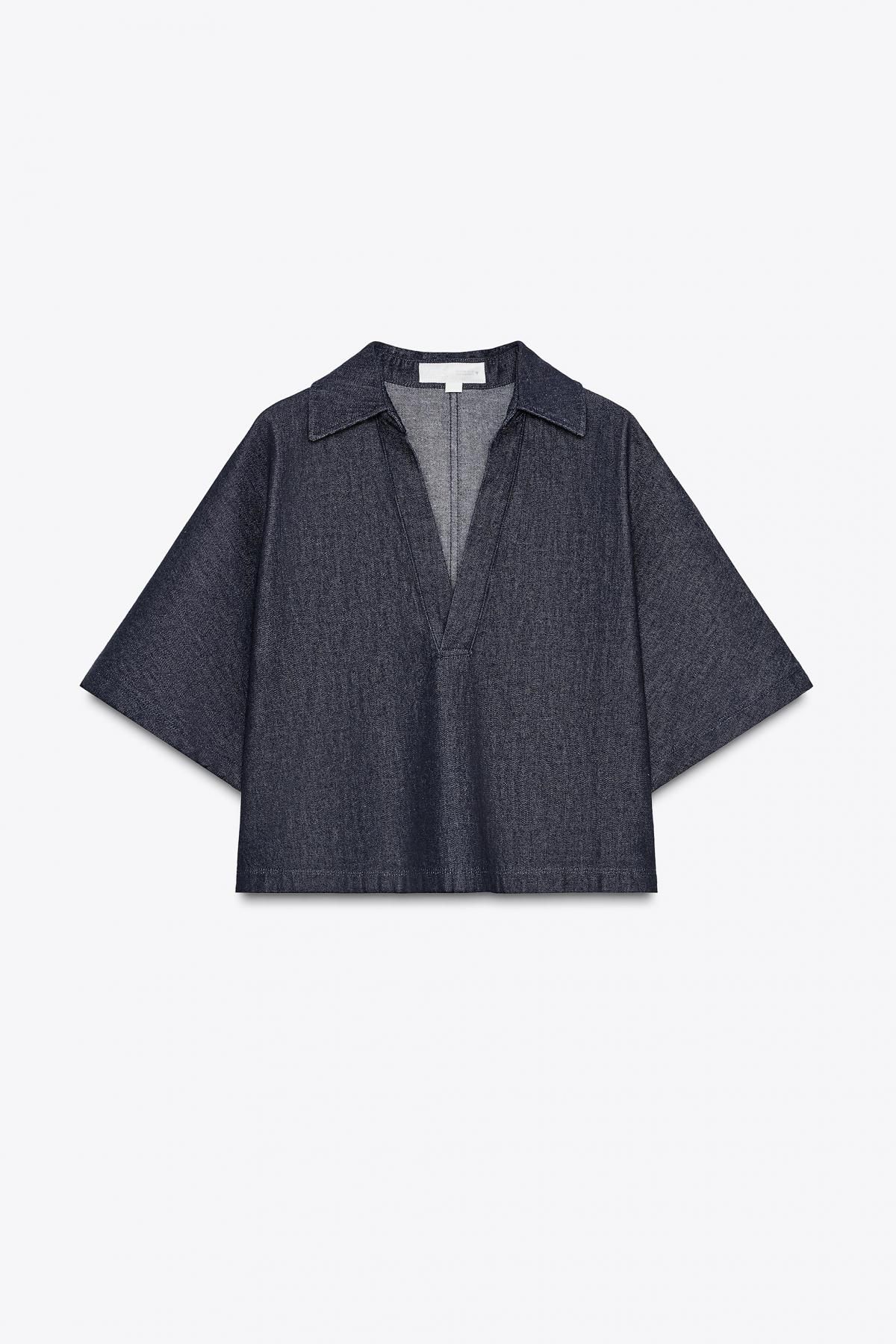 자라 브이넥 데님 폴로 칼라 크롭 반팔 셔츠 6929/268 DARK INDIGO - 메인 이미지