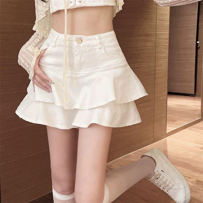 여자 볼륨 치마 미니스커트 플레어 셔링 화이트 S - 상품 이미지