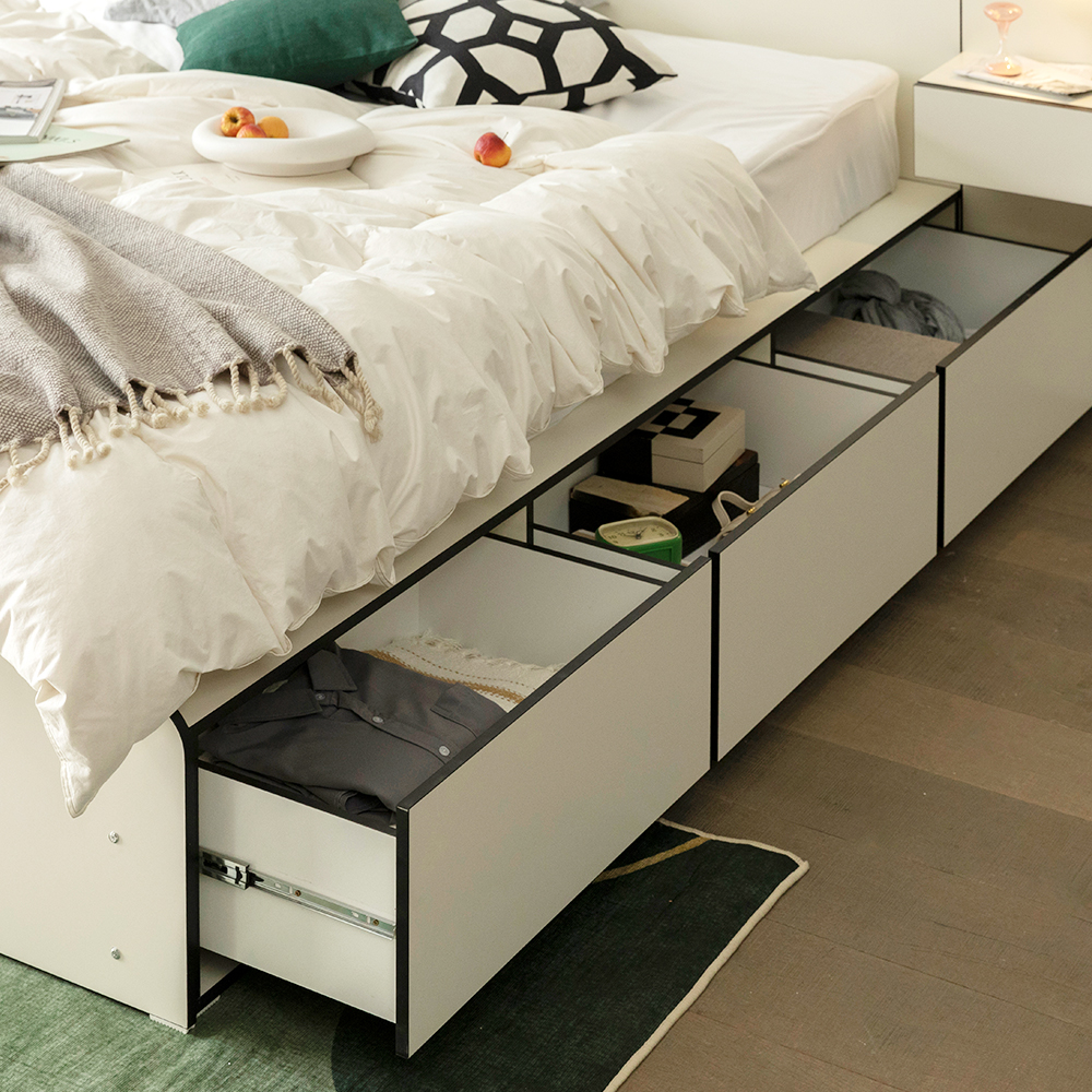 무디켄 리뉴 LED 선반헤드 수납 서랍 침대 프레임 (+방수커버) 원형, Q 서랍형, 아이보리+우드엣지