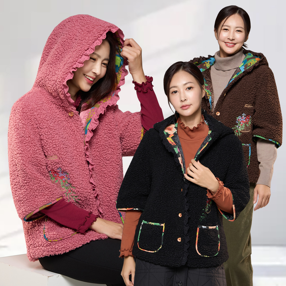 엄마옷 뽀글이 케이프 후드 패딩 플라워 자수 중년여성 마담 60대 50대 40대 선물 - 상품 이미지