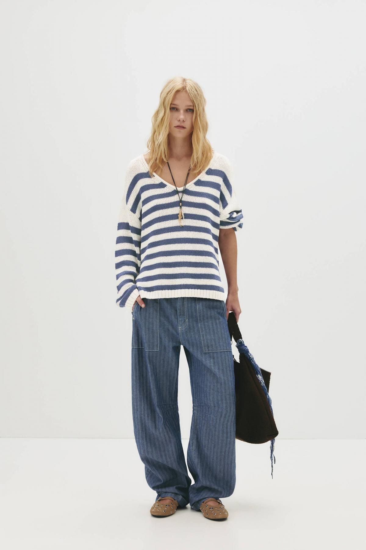 풀앤베어 코튼 블렌드 스트라이프 브이넥 니트 스웨터 7550/340 ECRU/NAVY - 상세 이미지 2