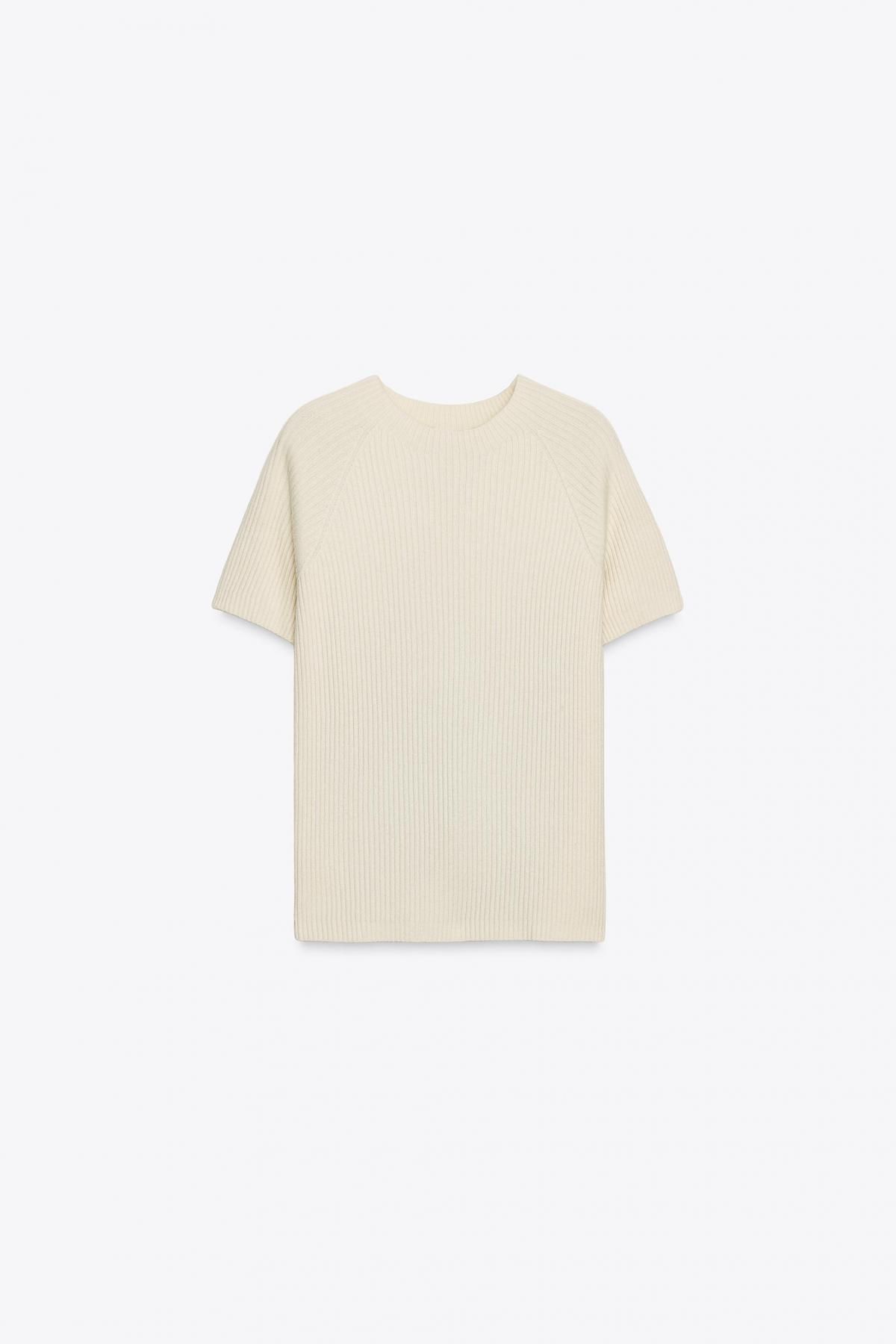 자라 리브드 니트 라운드넥 반팔 탑 리본 백 오픈 0014/100 BEIGE - 메인 이미지