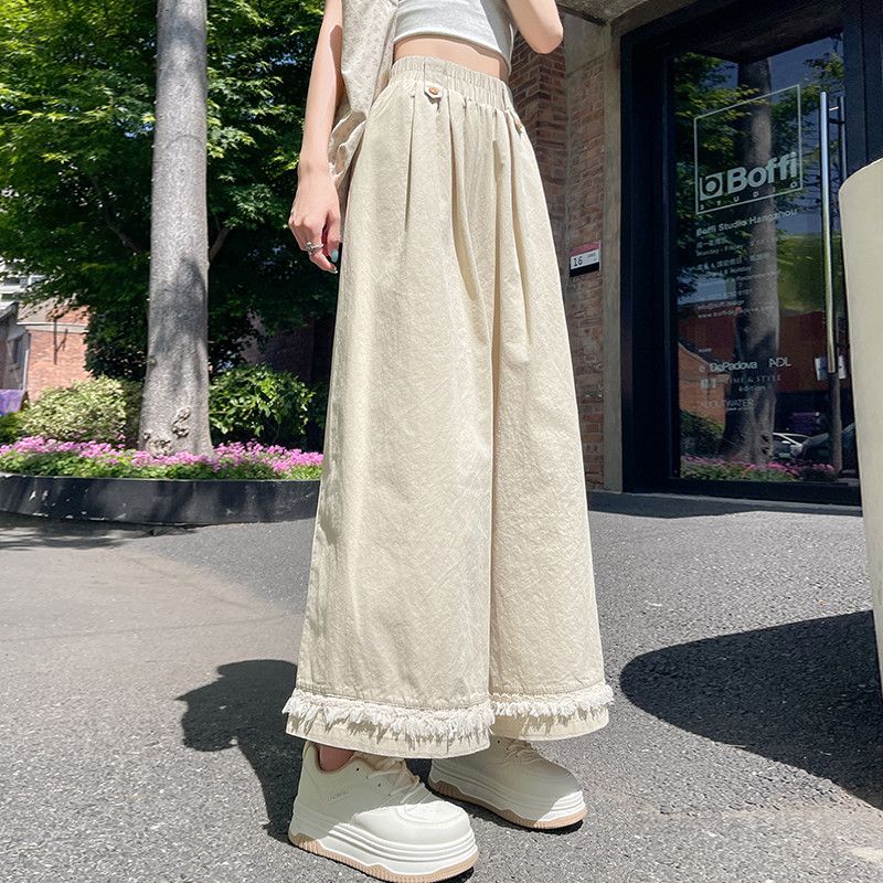 여성 면 와이드팬츠 9부 밴딩 캐주얼 스타일 부드러운 드레이프 여름 통기성 좋은 편안한 외출용 팬츠 - 상세 이미지 3