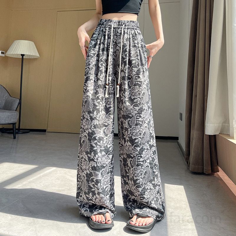 여성용 하이웨스트 아이스 실크 와이드팬츠 여름용 시원한 여름 슬랙스 드레이프 스타일 편안한 착용감 루즈핏 바지 데일리 캐주얼 팬츠 - 상세 이미지 4