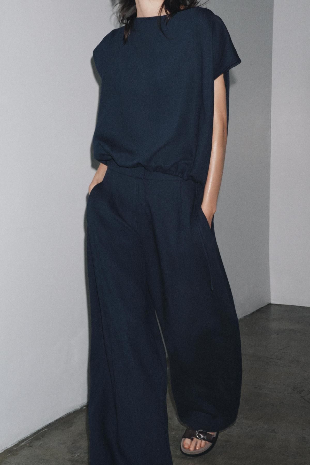 자라 린넨 블렌드 라운드넥 스트링 반팔 니트 탑 8602/586 NAVY BLUE - 상세 이미지 5