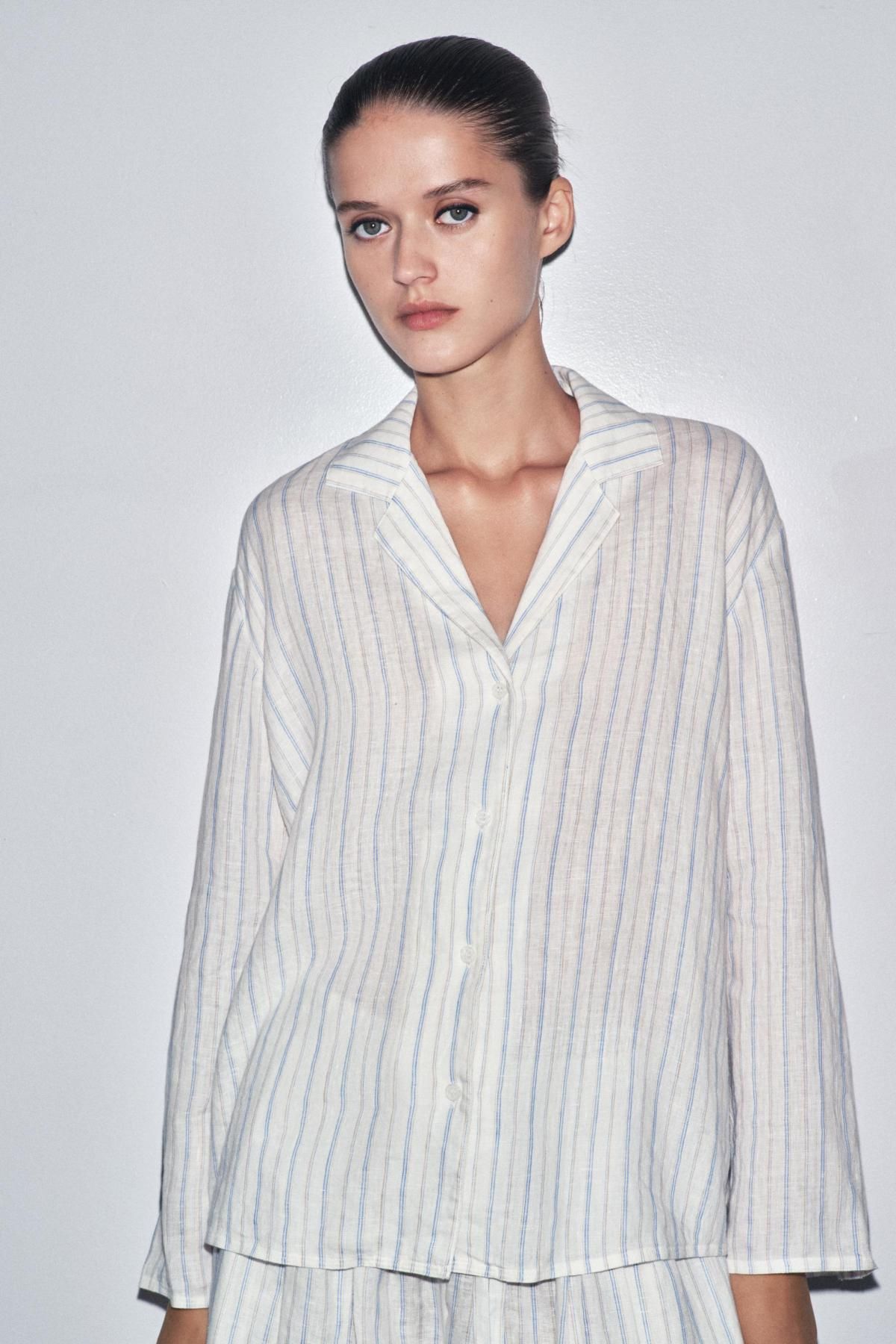 자라 스트라이프 린넨 브이넥 긴팔 셔츠 4786/285 STRIPED - 상세 이미지 3