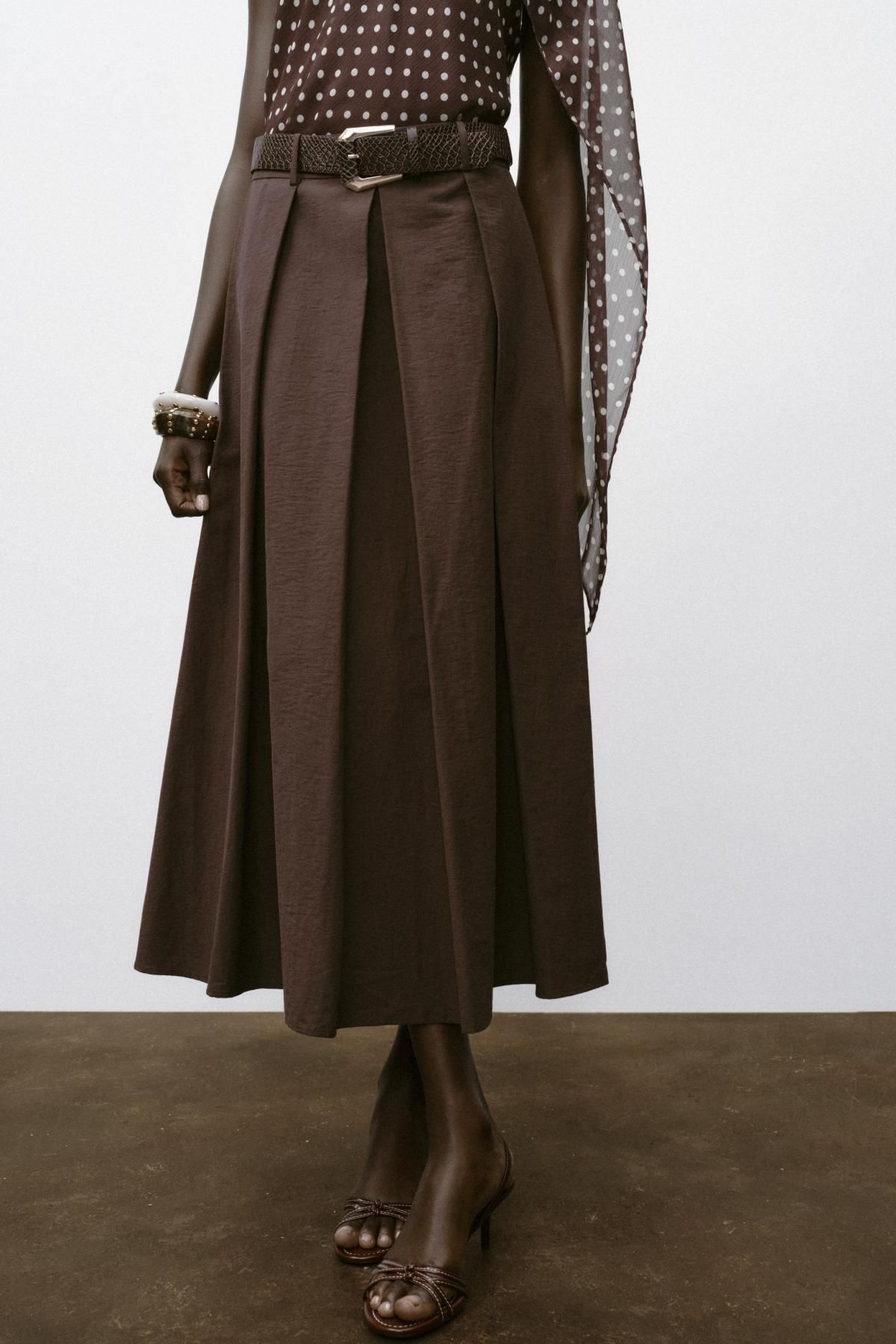 자라 하이웨이스트 벨트 플레어 미디 스커트 1971/153 BROWN - 상세 이미지 3