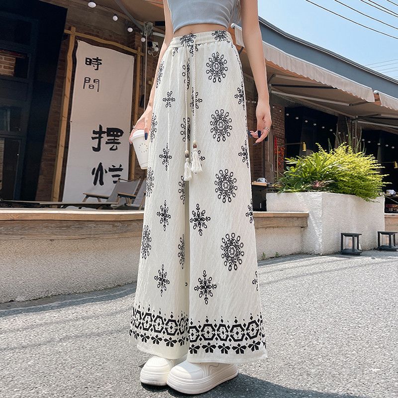 여성용 여름 코튼 린넨 드로스트링 와이드팬츠 9부 통기성 좋은 휴가 스타일 캐주얼 편안한 데일리 외출용 트렌디한 디자인 - 상세 이미지 2