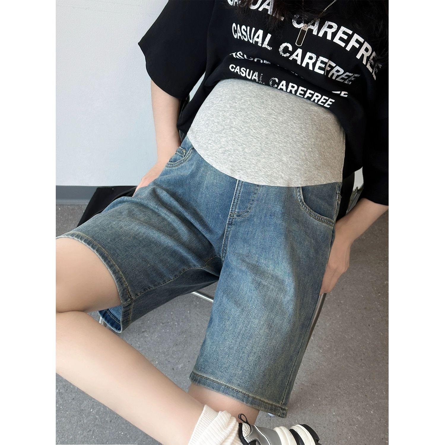 임산부 버뮤다 팬츠 주머니가 임부복 편안한 시원한 커프 임신 밴딩 복고블루 M - 상품 이미지