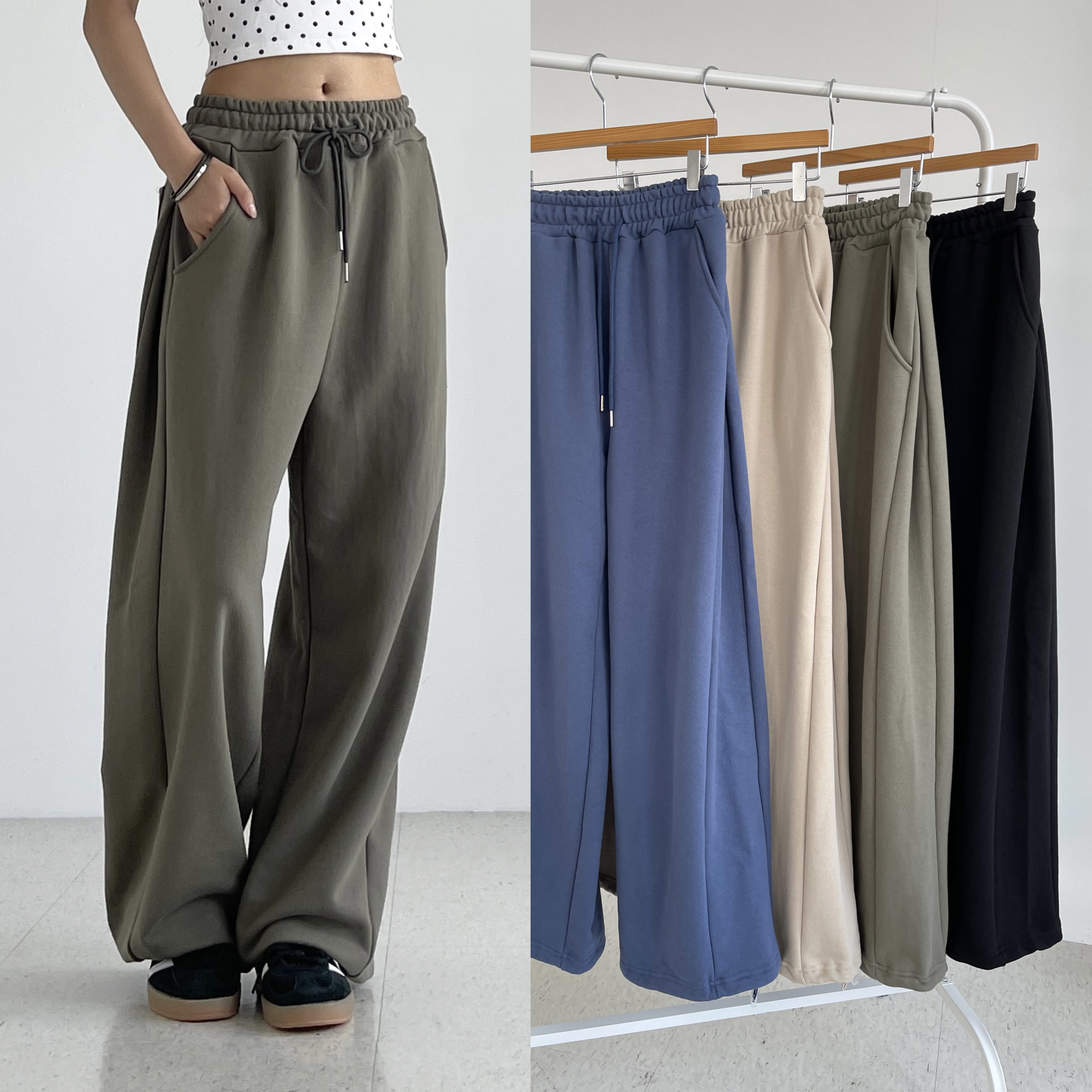 사이드핀턱 여성와이드팬츠 밑단 스트링 밴딩 조거 통 바지 핀턱플렉스밴딩팬츠