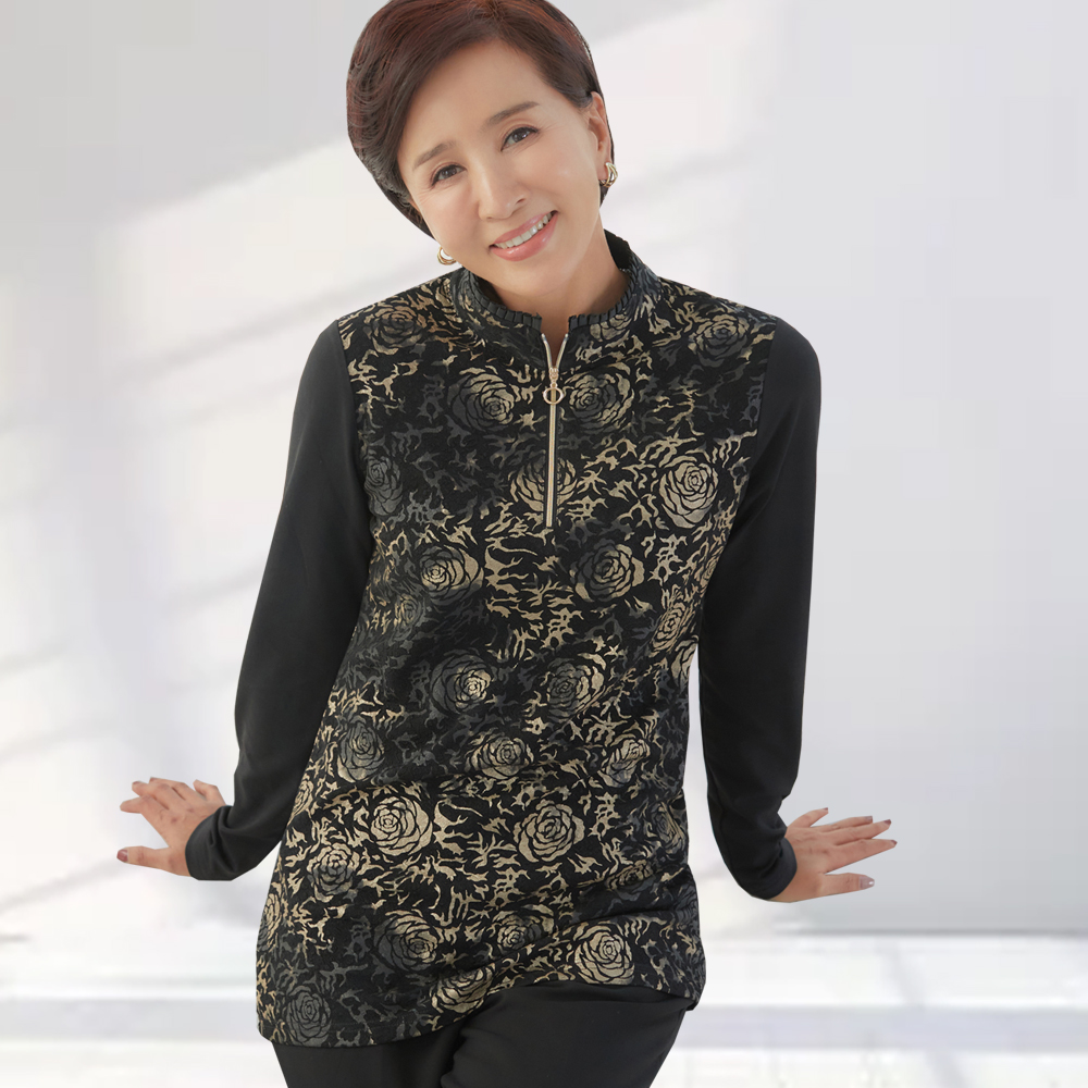 엄마옷 스노우 기모 블라우스 로즈골드 플라워 빅사이즈 중년여성 마담 60대 50대 40대 선물 - 상품 이미지