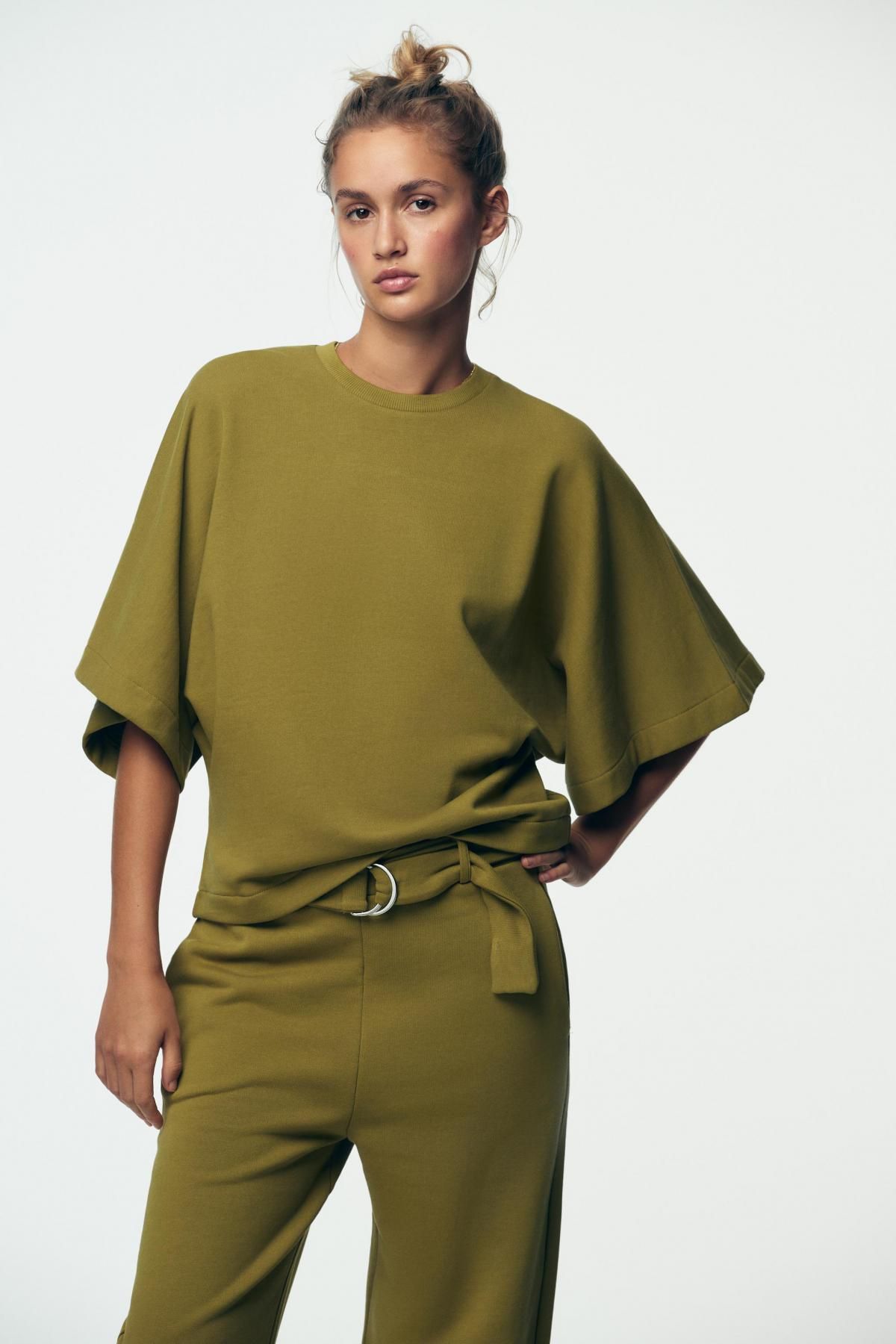 자라 하이웨이스트 와이드 벨트 코튼 팬츠 2335/671 OLIVE GREEN - 상세 이미지 4