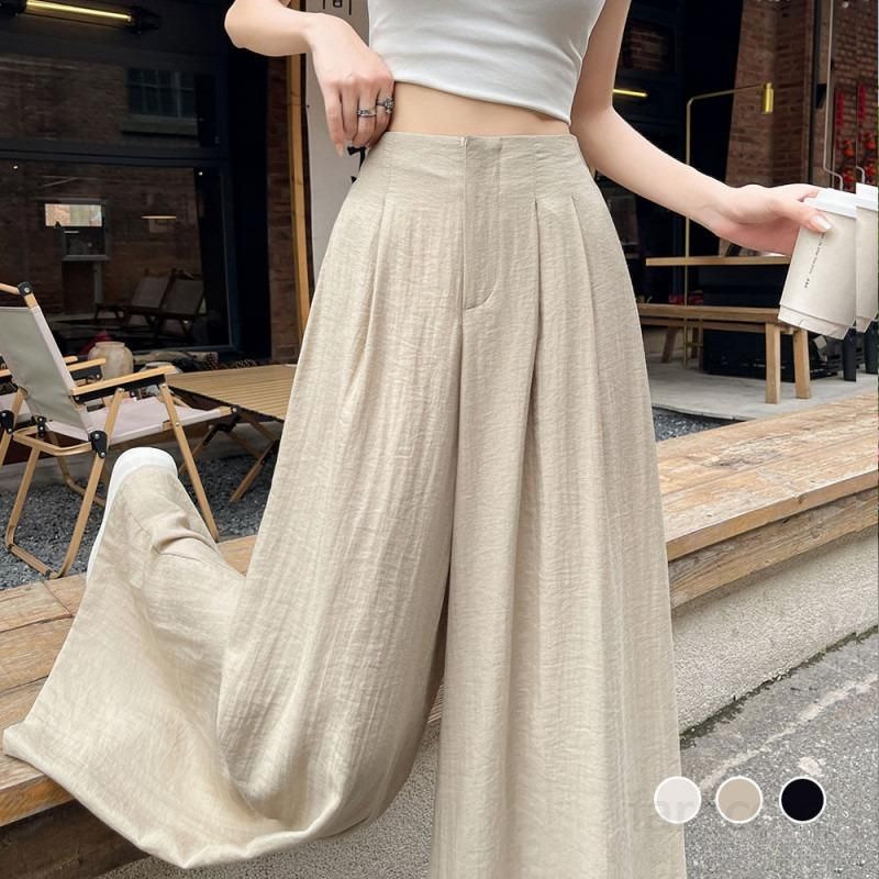 여성 아이스 실크 리넨 와이드팬츠 여름 얇은 하이웨이스트 캐주얼 밴딩 팬츠 편안한 착용감 데일리 스타일 시원한 통기성 좋은 외출용 팬츠 - 상세 이미지 4