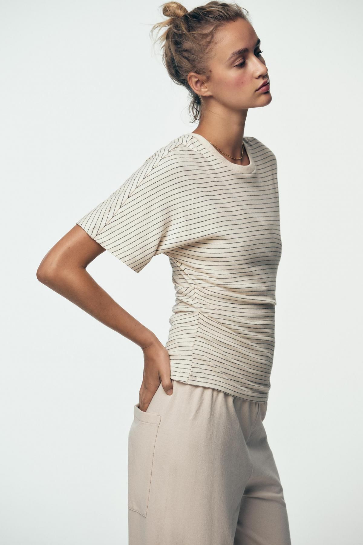 자라 린넨 블렌드 슬림핏 스트라이프 러플 반팔 티셔츠 6912/627 STRIPED - 상세 이미지 4