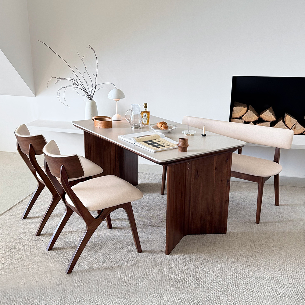 로포텐 브루클린 양면 세라믹식탁 세트 원목 4인용 식탁 포세린 1400 의자2 벤치