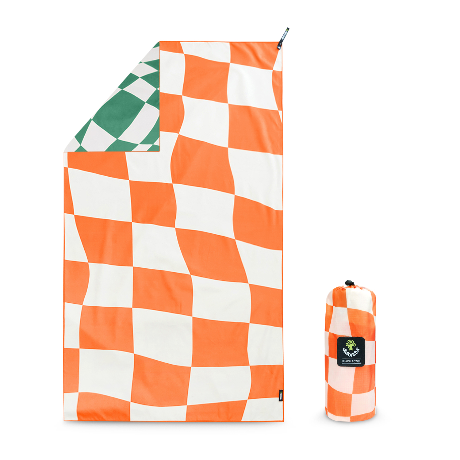 4몬스터 체커보드 비치타올 극세사 대형 타월 다용도 수건 파우치 블랭킷 오렌지