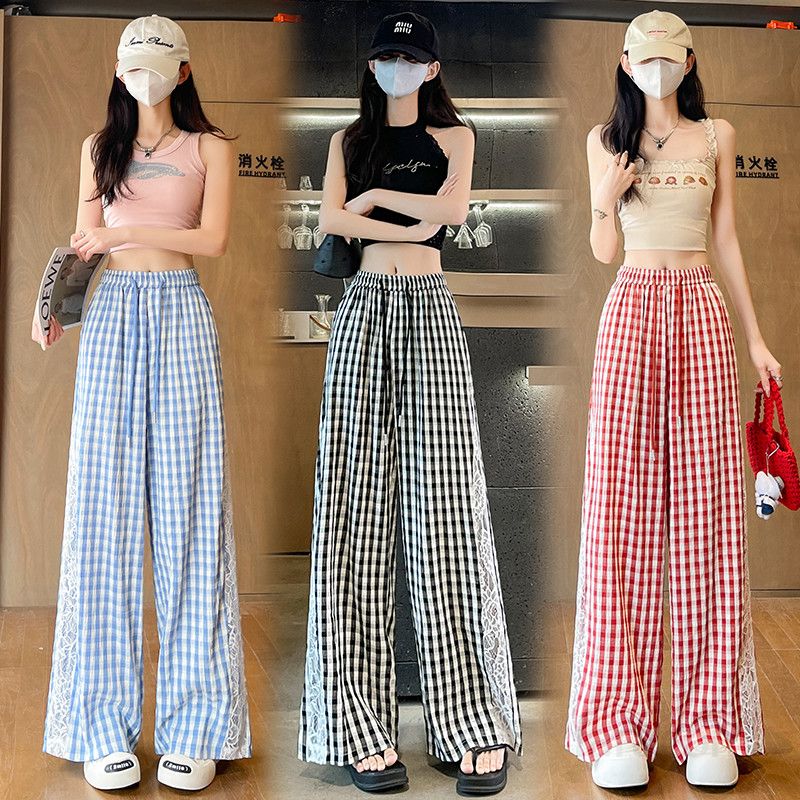 여성 여름 와이드팬츠 아이스 실크 하이웨이스트 캐주얼 플레드 레이스 시원한 착용감 선스크린 기능 모던 스타일 편안한 데일리룩 여행용 팬츠 - 상품 이미지