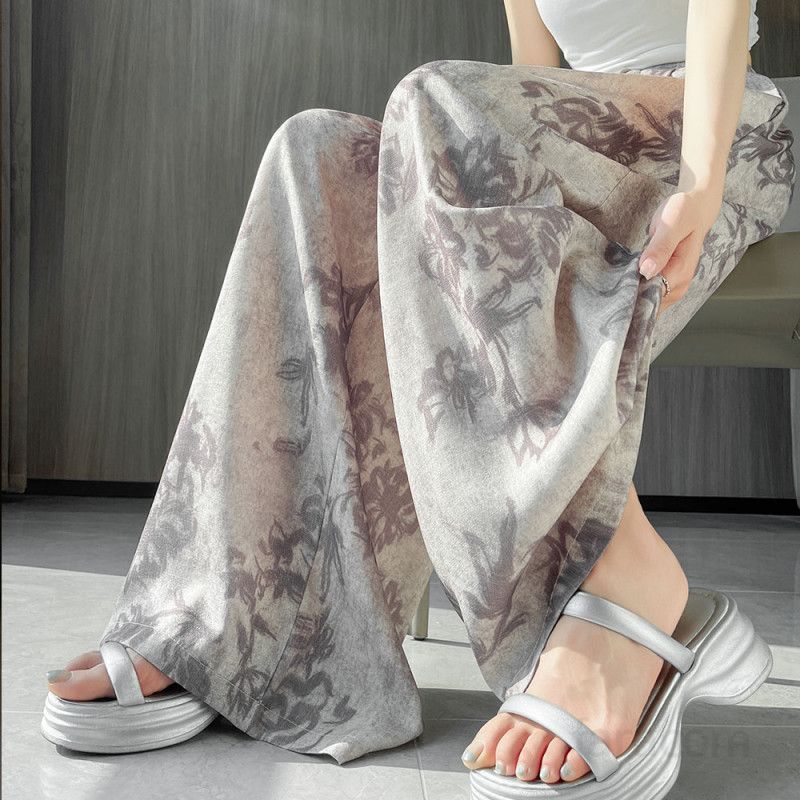 여성용 아이스 실크 코튼 리넨 프린트 와이드 팬츠 여름 하이웨이스트 9부 캐주얼 루즈핏 통바지 시원한 착용감 편안한 스타일 데일리 외출용 - 상세 이미지 4