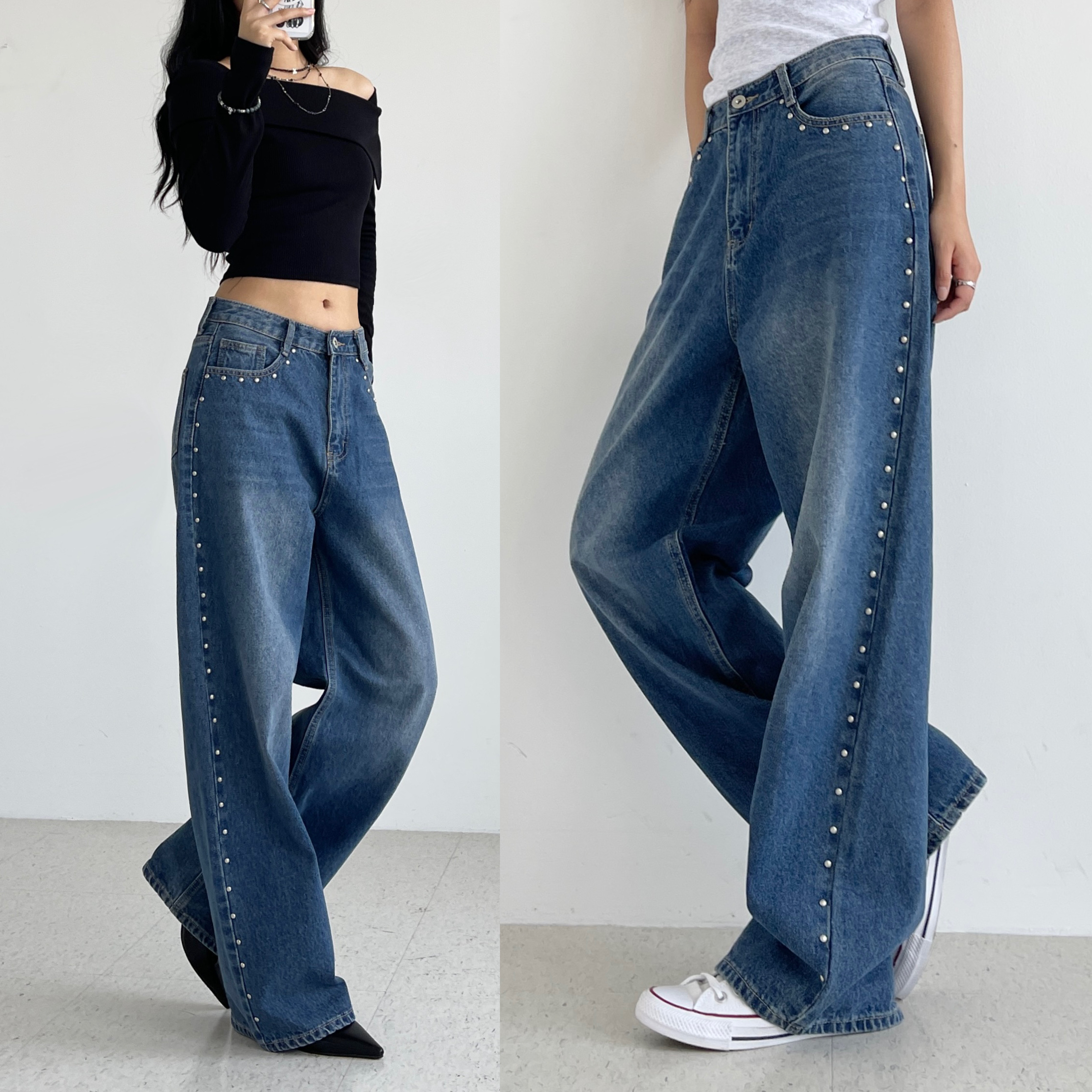 여성와이드청바지 봄 가을 진청 데님통바지 찡 리벳데님 엣지스터드진