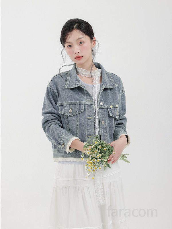 여성 레이스 스티칭 화이트 데님 재킷 오버핏 루즈핏 자켓 스타일리시한 데일리 아우터 봄 가을 간절기용 캐주얼 착용감 좋은 코디용 - 상세 이미지 4